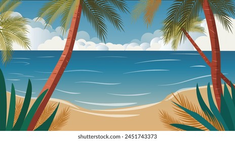 Beautiful summer beach, summer, palm trees, ocean. Design concept of vacation and travel. For banner, web design, post in social and media networks.