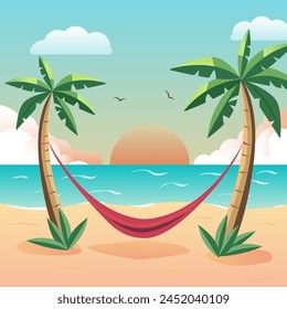 Beautiful summer beach, summer, palm trees, hammock, ocean. Design concept of vacation and travel. For banner, web design, post in social and media networks.