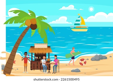 Beautiful summer beach party. Summer paradise cartoon vector illustration