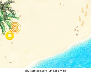 Beautiful summer beach resort frame illustration of the sea seen from above with palm trees and parasols.