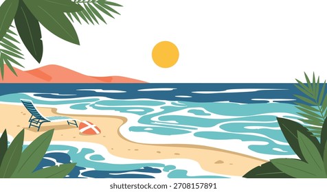 Beautiful summer beach scene with a deck chair and lifebuoy by the wavy ocean framed by tropical palm leaves under a golden sun.