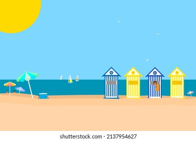 Beautiful summer beach scene with beach huts, umbrellas and yachts in the sea. Copy space. Vector illustration