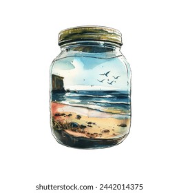 beautiful summer beach scene in jar vector illustration in watercolour style