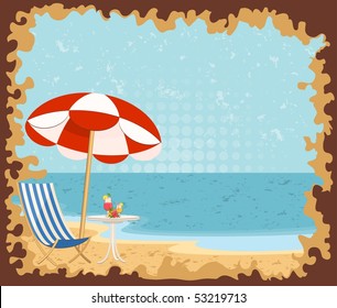 Beautiful summer beach. Vector illustration in retro style