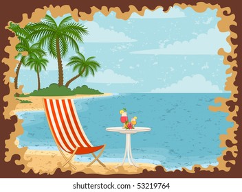 Beautiful summer beach. Vector illustration in retro style
