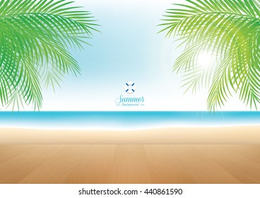 Beautiful summer beach with wood table top for display or montage your products - vector background