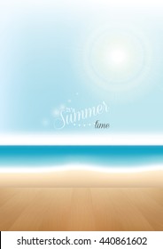 Beautiful summer beach with wood table top for display or montage your products - vector background