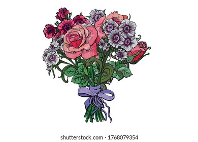  Beautiful summer bouquet with carnations and roses. Sweet bouquet of red purpure and pink flowers.