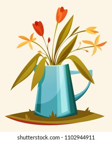 A beautiful summer bouquet in a watering-can. Vector cartoon illustration. Botanica. Romance.