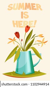 A beautiful summer bouquet in a watering-can. Vector cartoon illustration. Botanica. Romance.