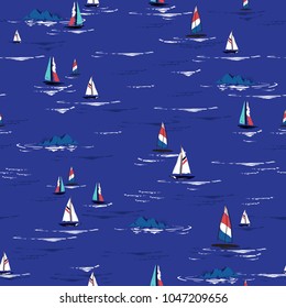 Beautiful Summer bright Hand drawing colorful wind surf seamless pattern in vector. Flat style illustration. Summer beach surfing illustration in the ocean on sea blue  background. 