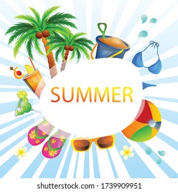 beautiful summer card vector beach theme with cool drink vector illustration