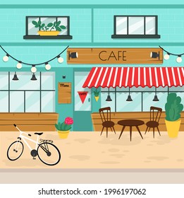 Beautiful summer city street cafe. Vector cartoon illustration. 