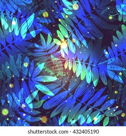 Beautiful summer design with leaves and fireflies. Magical Tropics. Fern leaves - vector seamless pattern