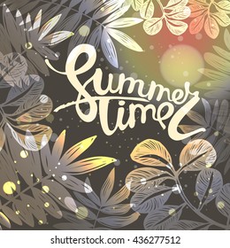 Beautiful summer design with leaves and fireflies. Magical Tropics. Fern leaves - vector  poster illustration