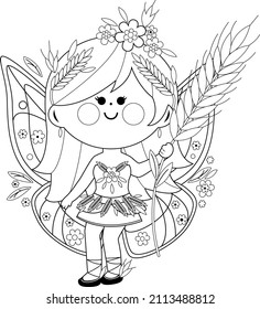 Beautiful summer fairy. Vector black and white coloring page.