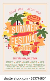 Beautiful summer festival web banner or printable poster template with circle composition of palms, beach items, music notes and more. Ideal for seasonal event announcement or invitation 