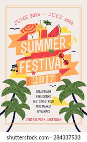 Beautiful summer festival web banner or printable poster template with circle composition of palms, beach items, music notes and more. Ideal for seasonal event announcement or invitation 