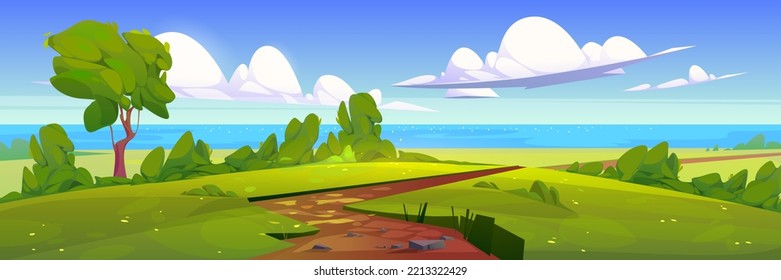 Beautiful summer field with footpath to sea. Cartoon vector illustration of natural lanscape with green grass, sparkling water surface, blue sky and fluffy white clouds. Warm sunny day in rural area