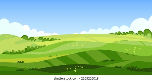 Schöne Sommerfeldelandschaft mit Morgengrauen, grüne Hügel, hellblauer Himmel. Vektorgrafik, ländlicher Hintergrund auf flachem Cartoon-Banner. Einfache geometrische Landschaftsgestaltung.