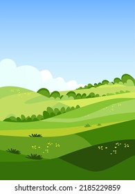 Beautiful summer fields landscape with dawn, green hills, bright color blue sky. Vector illustration, country background in flat cartoon style banner.