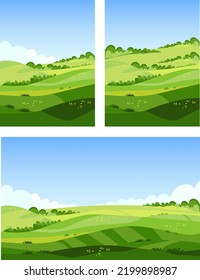 Beautiful summer fields landscape with dawn, green hills, bright color blue sky. Vector illustration, country background in flat cartoon style banner. Simple geometric landscape design.