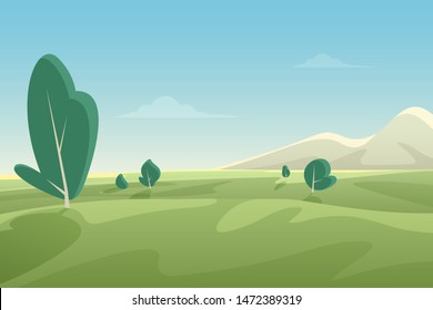 Beautiful summer fields landscape with green hills and mountains. Country background cartoon flat style banner vector illustration.