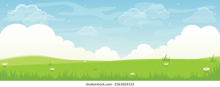 Beautiful summer fields landscape with a green hills, bright blue sky and clouds