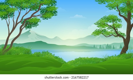 Beautiful Summer Fields Landscape with lake cartoon illustration