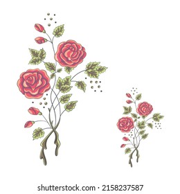 Hermosa rama de flores planas de verano. Decoración de rosas sobre fondo blanco. Moda en una ilustración vectorial