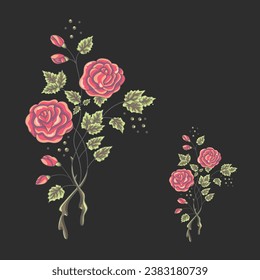 Beautiful summer flat branch of flowers. Decoration from roses on black background. Fashion in a vector illustration