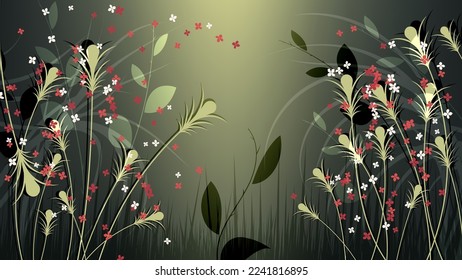 Beautiful summer floral background in dark colors. Lovely little flowers, smoothly curved stems with leaves, grass on a dark background. Template for your projects. Vector.