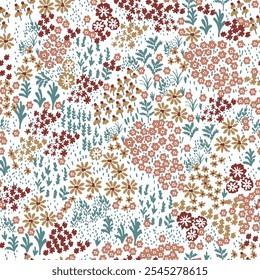 Hermoso patrón floral de verano en Pequeñas flores abstractas. Pequeñas flores de colores. El fondo blanco. Estampado sucio en marrón pastel, azul