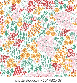 Lindo padrão floral de verão em pequenas flores abstratas. Pequenas flores coloridas. Fundo branco. Impressão em amarelo, verde, rosa, vermelho