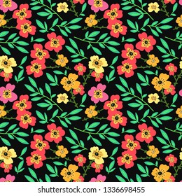 Beautiful summer floral seamless pattern with flowers, leaves and branches. Trendy cheerful design. Great for any projects.