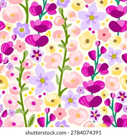 Beautiful summer floral vector seamless repeating pattern. Garden pink, burgundy flowers, hollyhocks, lupines. For fabric prints, textile products, and clothing.