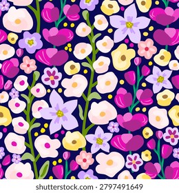 Beautiful summer floral vector seamless repeating pattern. Garden pink, burgundy flowers, hollyhocks, lupines on a dark background. For prints on fabrics, textiles and clothing.