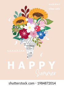 Beautiful Summer flowers bouquet  includes sunflower, cherry blossom, chamomile, roses,tulip, and tropical leaves.