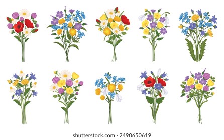 Hermosos ramos de flores de verano. Prado floreciendo botánica. Plantas silvestres. Lindas amapolas. Campanas y dientes de león. Flores de hierbas. Flora de campo colorida. Manojos de flores silvestres