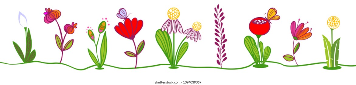 
Beautiful summer flowers and butterflies on a white background. Vector illustration.