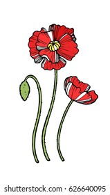 Beautiful summer flowers poppies on a white background. Isolated object-style flat. Fine drawing of Botanical drawing handmade. Pilmeny style, unique. Vector illustration. Embroidery.