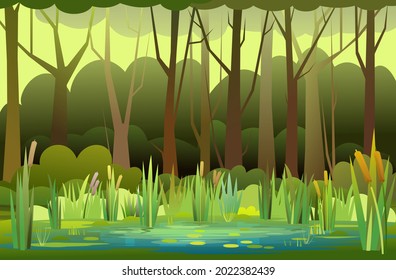 Beautiful Summer forest landscape. Swampy coast with cattails and reed. Flat style. Leaves of water lilies. Quiet river or lake. Wild overgrown pond on background of trees and bushes. Illustration