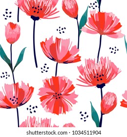 Beautiful summer freshy Trendy Wild blooming flower pink tulip  seamless pattern in a hand drawing style. Aquarelle wild flower on white background, texture, wrapper 