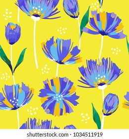 Beautiful  summer freshy Trendy Wild blooming flower tulip  seamless pattern in a hand drawing style. Aquarelle wild flower on stylish yellow background, texture, wrapper 