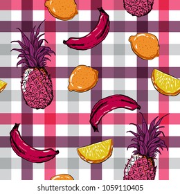 Beautiful summer fruits banana , pineapple,lemon on colorful check seamless pattern vector for fashion fabric and all prints