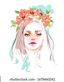 Beautiful summer girl with flower wreath on her head vector watercolor drawing sketch. Fashion portrait illustration.