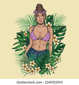 Beautiful summer girl sketch colorful portrait in seductive bra and denim shorts among exotic leaves and flowers vector illustration