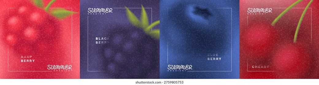 Beautiful summer gradient cards. Abstract vector banners with colourful gradients and blurred summer berries. Collection of grainy backgrounds for summer flyer, celebration, ads, branding, cover.