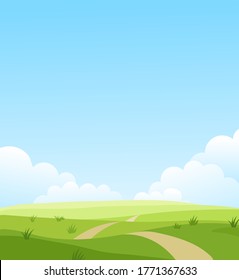 Beautiful summer grassy meadow landscape. Spring nature sunny day. Bright background with cloudy sky in the park, place for text. Cartoon vector illustration