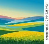 Beautiful summer green fields landscape blue sky on background  vector illustration  10 eps